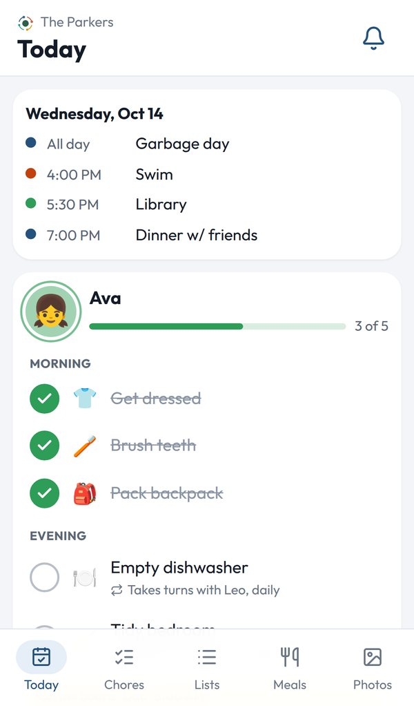 The KinTune parent app on a phone, showing Ava's chores and a note on the board.
